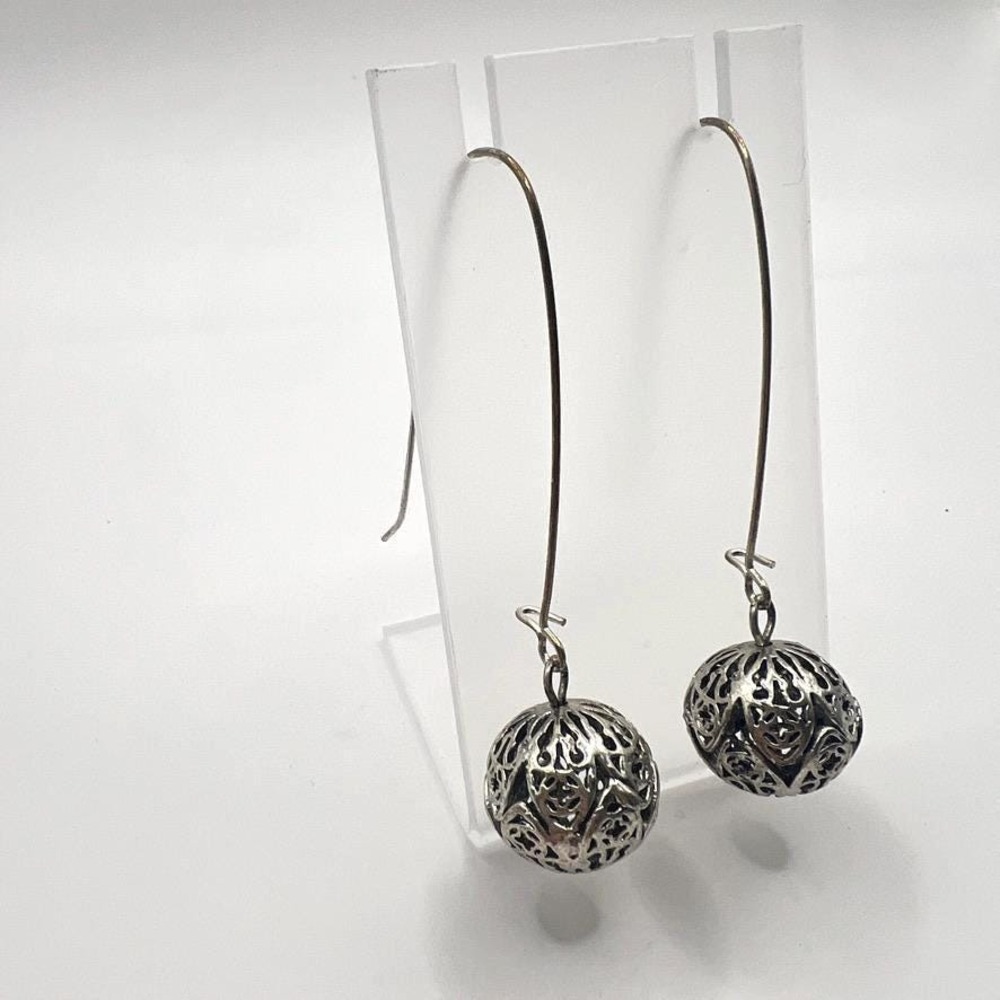 Silver Filigree Ball Earrings – Celtic Style Drop Dangles –‎ Boho Artisan Vibes